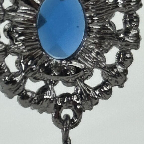 Vintage NR Pendant Necklace Dangle Earrings Set Gunmetal Midnight Blue Metallic - Picture 7 of 16